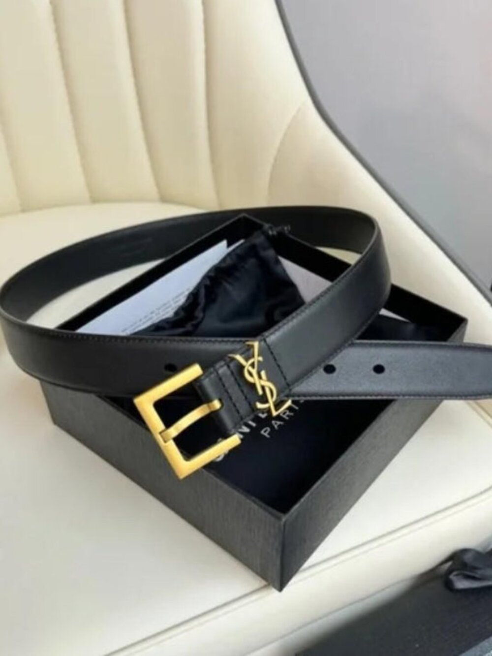 Saint Laurent Black Belt with Gold Buckle - 90cm with Box